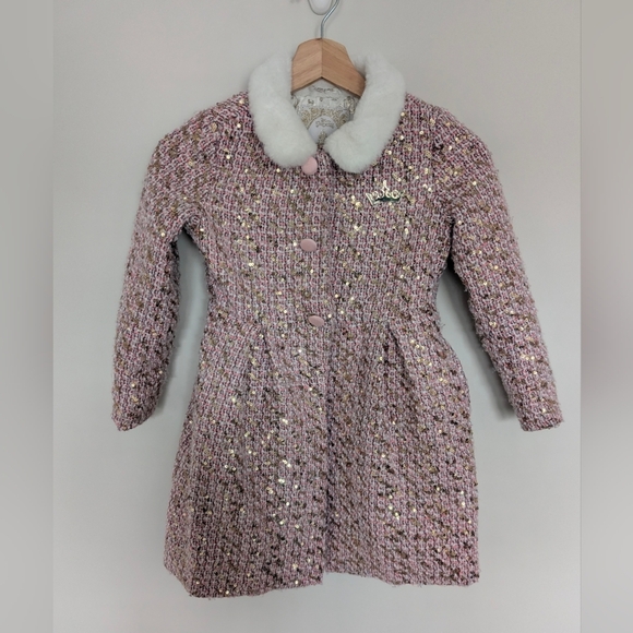Disney Princess Tweed Coat Girls 5/6 Pink Sequins Faux Fur Dress-up Fairytale - Picture 1 of 10